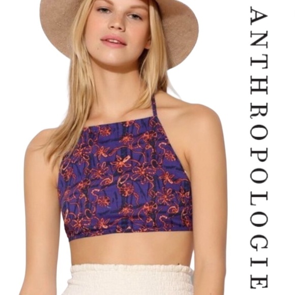 Anthropologie Staring at Stars Purple Floral Halter Wrap Crop Top - Size Large - Picture 1 of 6